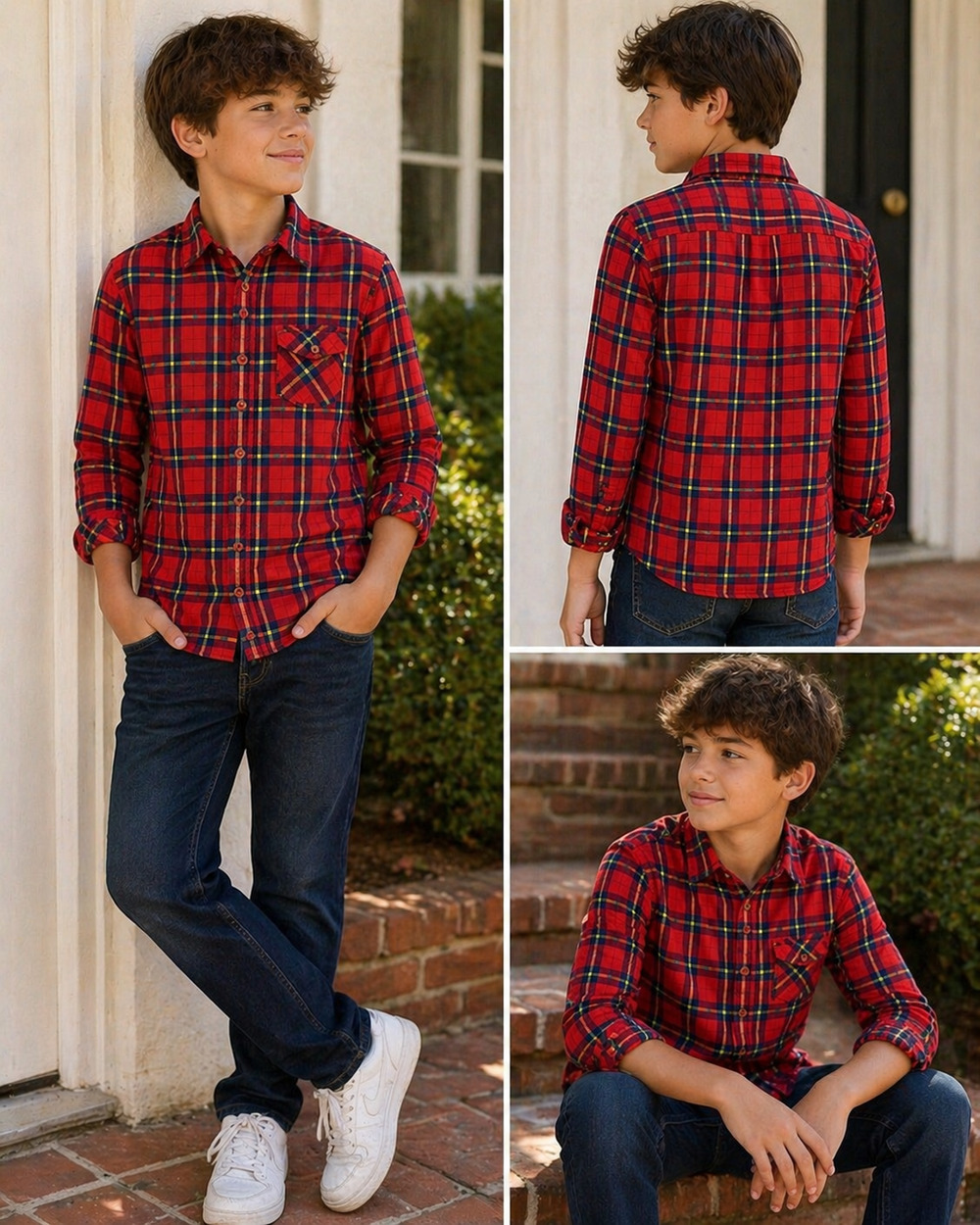 Abercrombie Kids Red Blue Plaid Button Up Shirt Boys Large L Long Sleeve Cotton